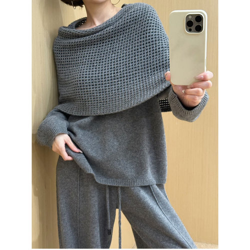 100%山羊绒毛衣女欧洲站2025秋季新款时尚镂空围巾针织衫两件套