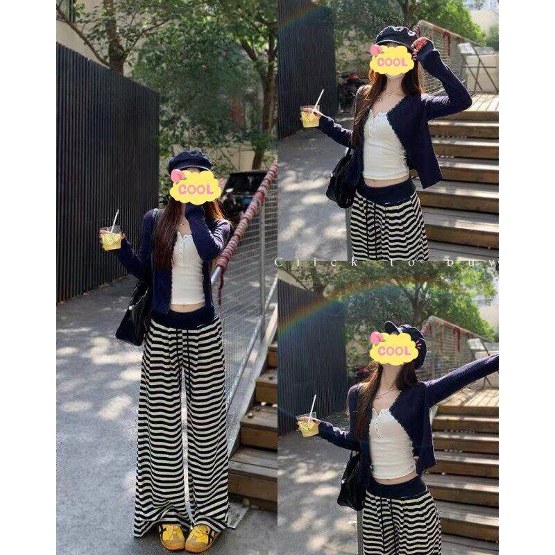 一个美丽源头工厂店大码黑色开衫叠穿吊带背心显瘦条纹休闲裤套装