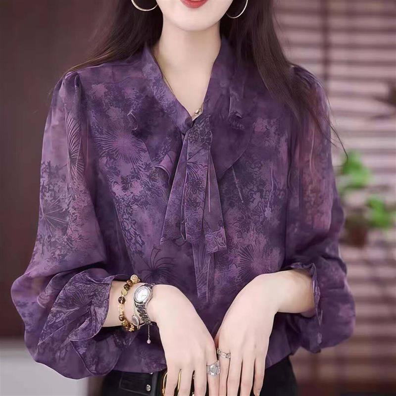 点击率高端女装紫色烟花小衫2026新款紫霞长袖衬衫百搭时尚雪纺衫