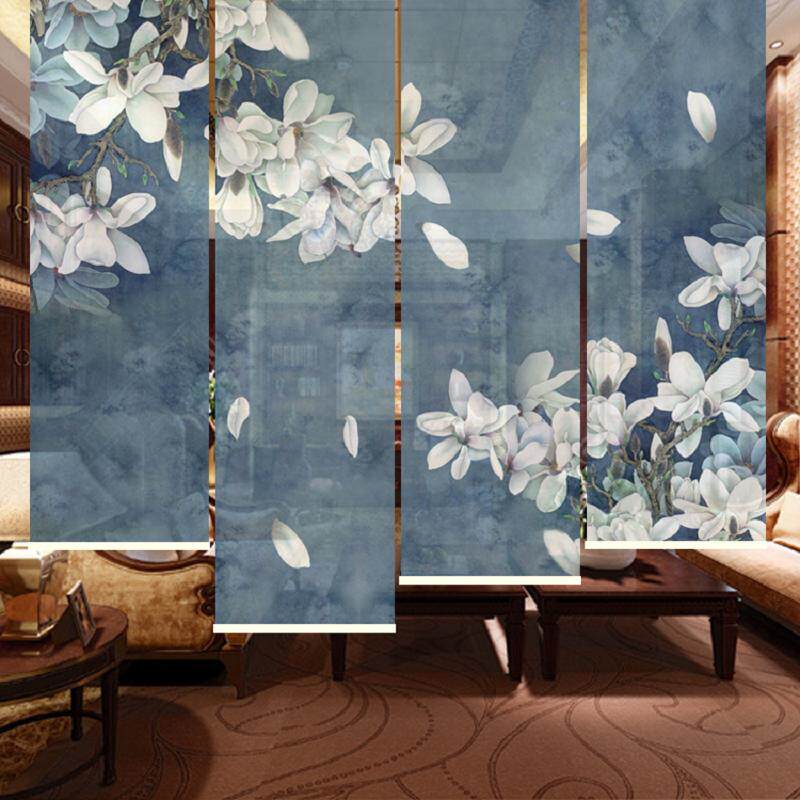现代中式复古工笔画屏风隔断包邮客餐厅阳台隔热遮光玉兰国画卷帘
