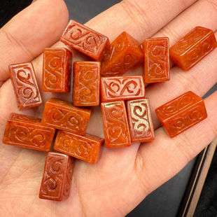 翡翠红翡雕刻福字回纹四面桶珠DIY饰品配件方形筒珠散珠雕花长柱