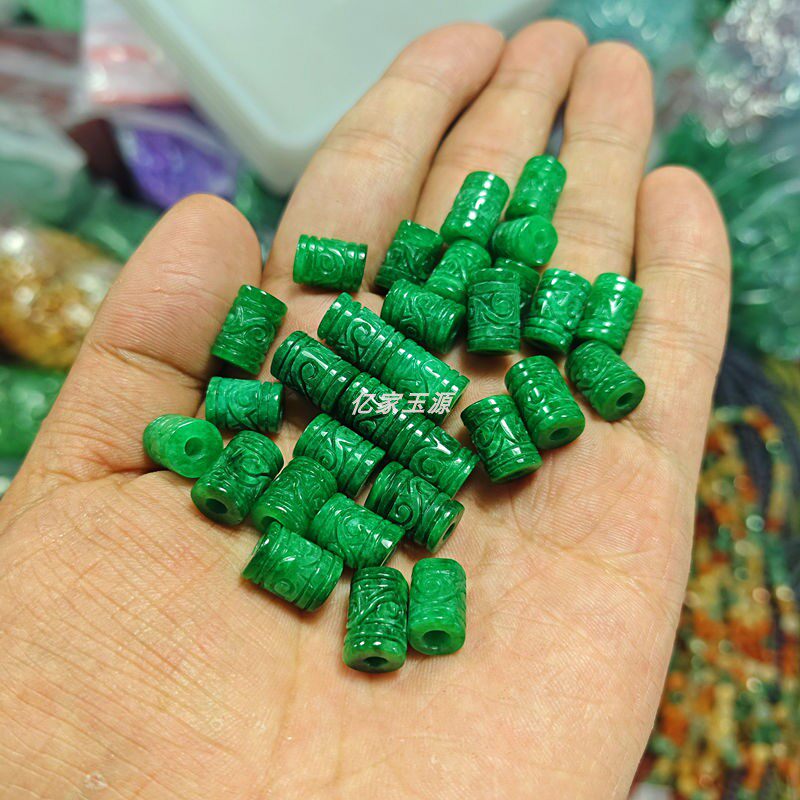 翡翠干青雕刻路路通散珠祖母绿浮雕如意桶珠DIY手链项链饰品配珠图片