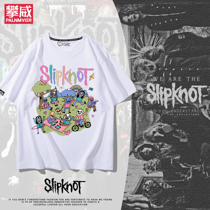 slipknot活结乐队短袖男女情侣款海报卡通创意印花oversizeT恤潮 - 实物图