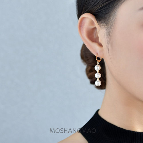 原创925银镀14K金长款珍珠耳环女气质个性耳扣时尚耳饰品防敏耳坠 - 封面