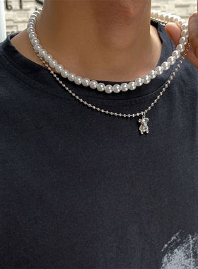Fashion Imitation Pearls Chokers Necklace For Men Punk Bear