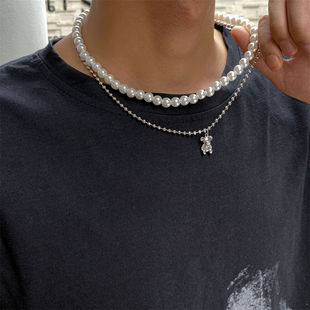 Fashion Imitation Pearls Chokers Necklace For Men Punk Bear