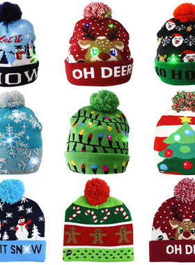 Christmas Hats Sweater Santa Elk Knitted Beanie Hat With LED