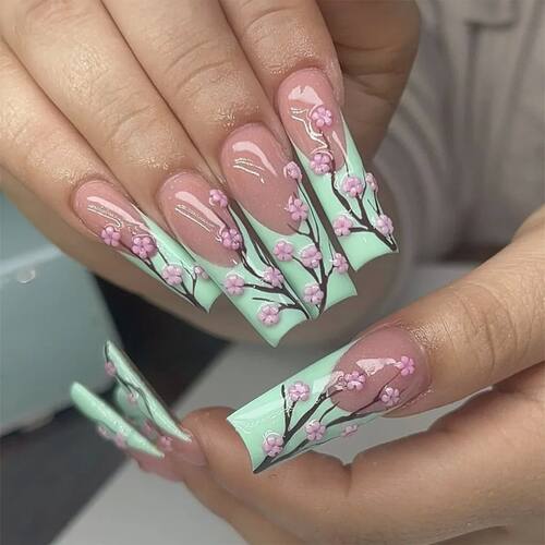 24Pcs Long Square Fake Nails Tips Glitter Flower Design Pres