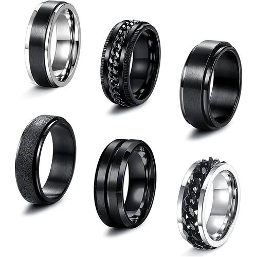 Bobisty 6Pcs Black Spinner Rings for Men Women Stainless Ste