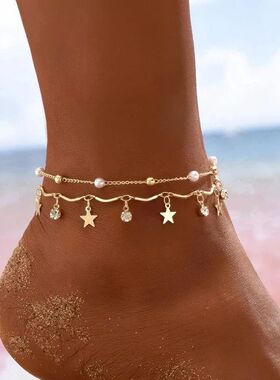 Boho Anklet Foot Chain Summer Bracelet Tassel Star Crystal P