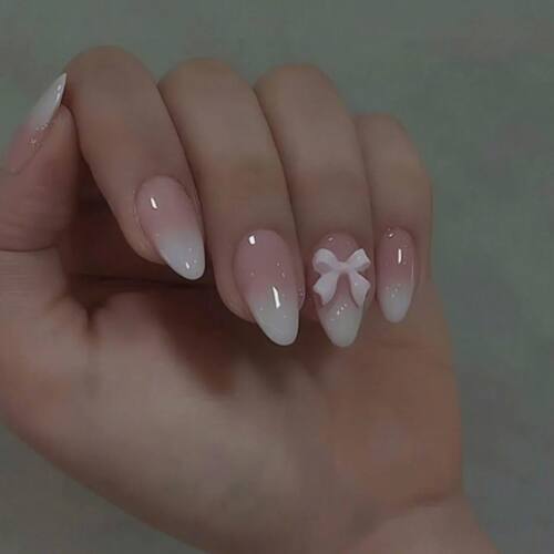 24PCS Pressing Acrylic Medium Almond Fake Nails With Pink Bo