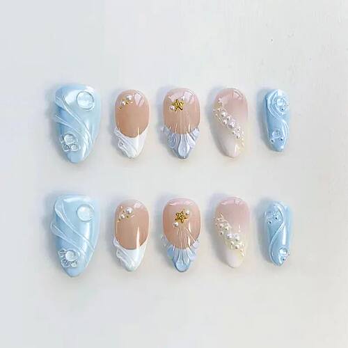 30Pcs False Nails Summer Ocean Style with Cool 3D French Tip