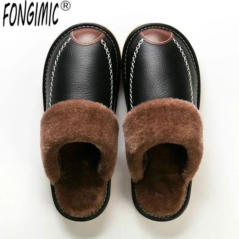 Men Winter Leather Slippers Bedroom Cotton Slippers Male Wat