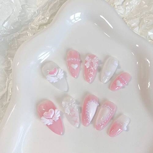 10PCS hand pressed almond shaped nails, beautiful fake nails