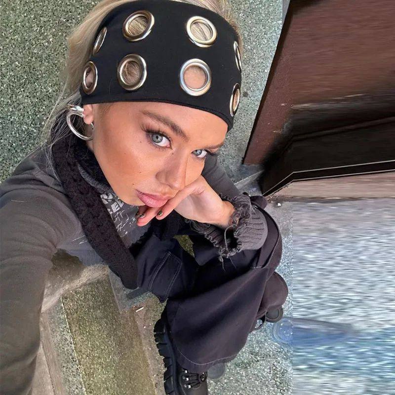 Ins Fabric Hollow Headband ndy Metal Accents Wide Elastic Pu