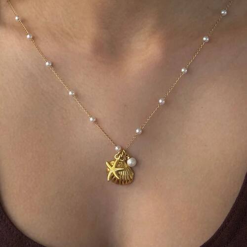 Boho Gold Color Shell Imitation Pearl Pendant Necklace For W