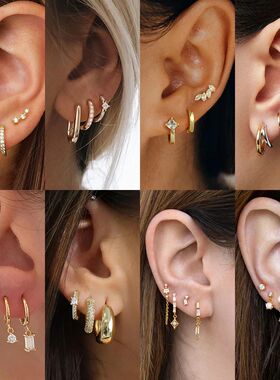 Dainty Zircon Small Stackable 14k Gold Plated Earrings Set f