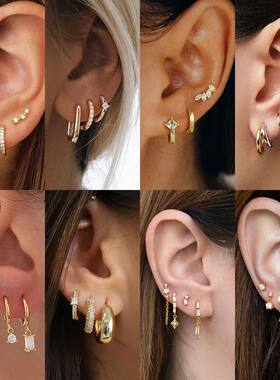 Dainty Zircon Small Stackable 14k Gold Plated Earrings Set f