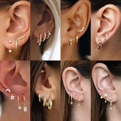 Dainty Zircon Small Stackable 14k Gold Plated Earrings Set f