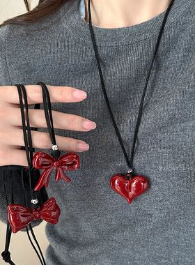 Vintage Red Bowknot Big Love Heart Pendant Black Long Rope C