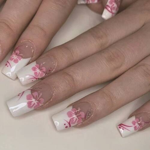 Mid-length Coffin Fake Nails 24Pcs White French Tip Ballerin