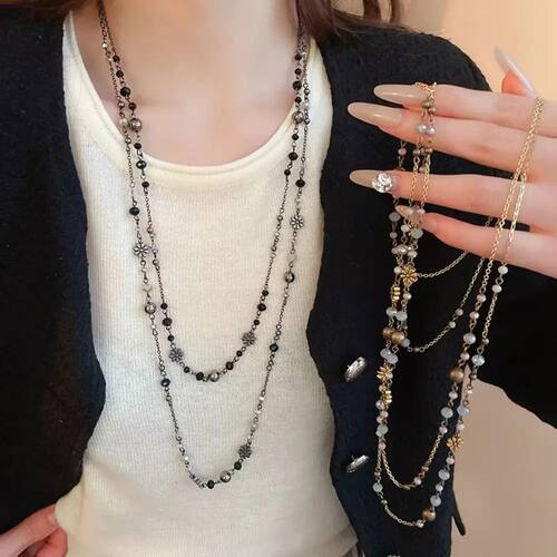 Bohemian Double-layer Flower Necklace Long Beaded Sweater Ch