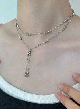 Double Layered Silver Color Bead Necklace Simple Thin Chain