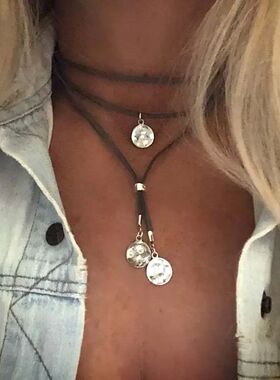 Boho Hammer Coin Disc Layered Velvet Rope Choker Necklace fo