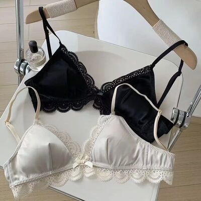 Style Triangle Cup Bow Lace Bra for Women Small Chest Satin