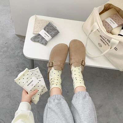 5 Pairs Women's Spring Socks – Cream Vintage Polka Dot Mid-