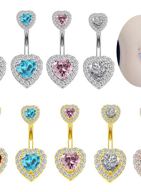 Sexy Double Love Navel Ring Diamond Inlaid Zircon Peach Hear