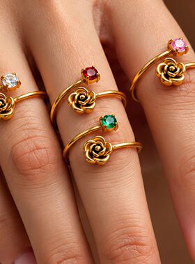 3D Rose CZ Adjustable Ring for Women, Waterproof Tarnish-Fre