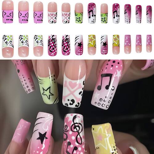 24pcsgirl style Fake Nails Musical Note Star Pattern Long Co