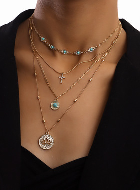 Small Hole Chain Hollow Flower Diamond Cross Pendant Necklac