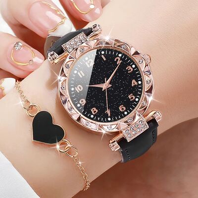 2PCS/SetRhinestone Women's Quartz Watch Analog PU Leather Ba
