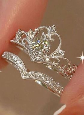 2PCS Fairy Sparkling Crown Rings for Women Teen Crystal Silv