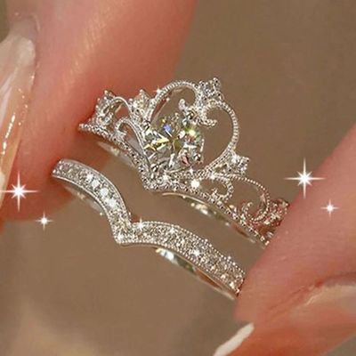 2PCS Fairy Sparkling Crown Rings for Women Teen Crystal Silv