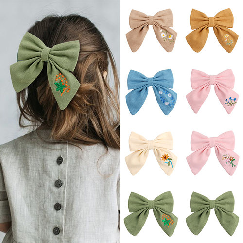 Embroidery Bows Hair Clips Solid Hairp For Girls Handmade Ri