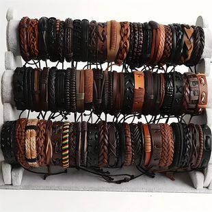 20Pcs Braided Leather Bracelets for Men Women Wrap Wood Bead