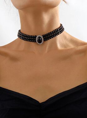 Multi-Layer Black Imitation Pearl Necklace Bead Chain Punk L