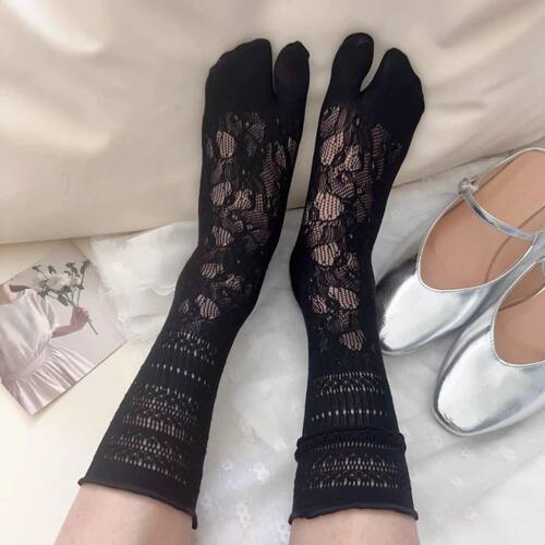 New Black Jacquard Tabi Socks Women's Summer Hollowed Floral