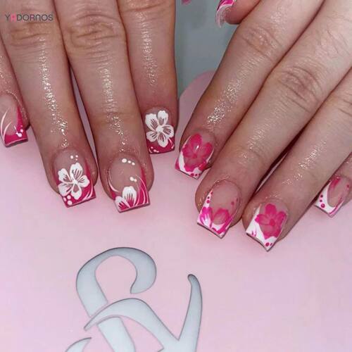 24Pcs Fairy White Flower Fake Nails Pink French Tip Press on