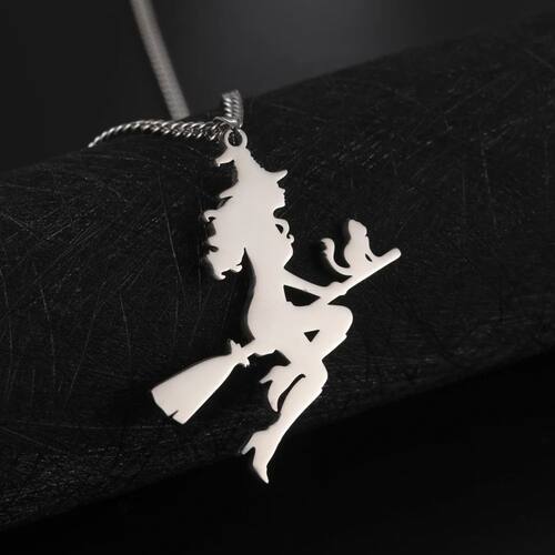 Witch Cat Flying Magic Broom Pendant Necklace for Women Men