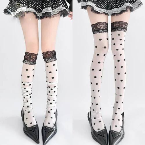 Lace Trim High Waist Polka Dot Sexy Long Tube Socks Over Kne