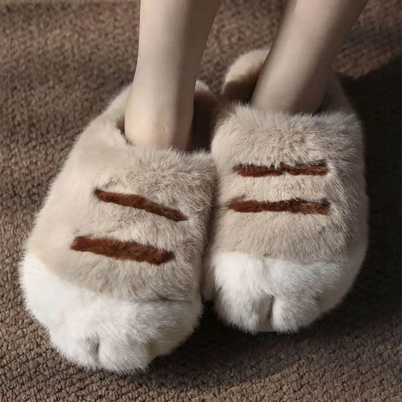 Cuddly cat paw slippers women's winter fluffy indoor home sh