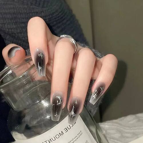 Y2K Star Press on Nails Gradient Black Fake Nails Medium Len