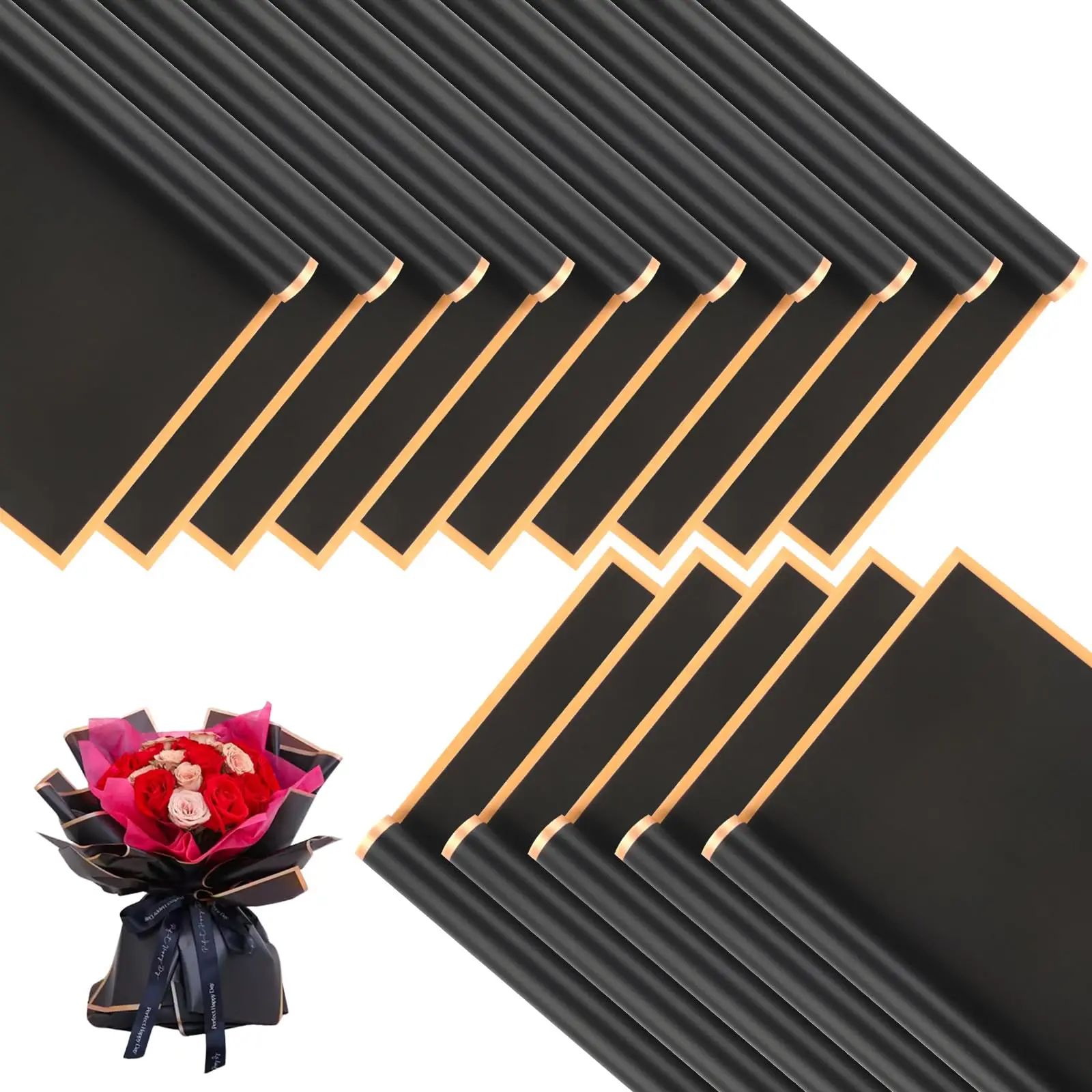 20 Sheets Black Flower Wrapping Paper with Golden Edges, Flo