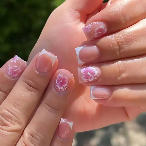 24Pcs Pink Floral Press On Nails Short Square False Nails wi