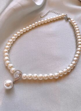 Pearl Zircon Pendant Water Drop Necklace for Women Retro Lig