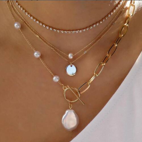 Trendy Gold Color Geometric Beads Crystal Multilayer Necklac